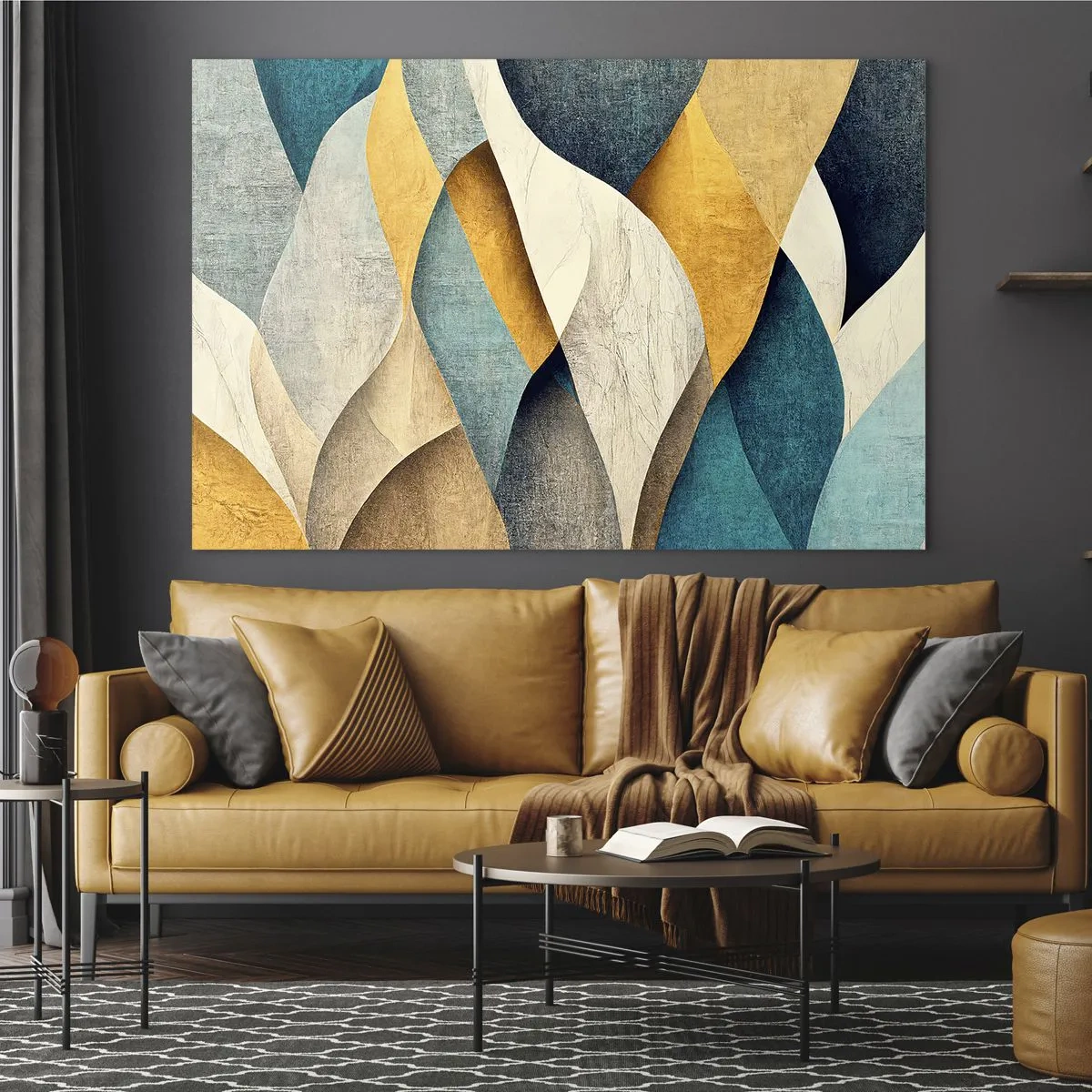 Quadro su vetro - Forme astratte nelle tonalità del giallo e del blu - 100x70cm - Ritmo e ondulazioni - Decorazione murale moderna per soggiorno e camera da letto ARTTOR