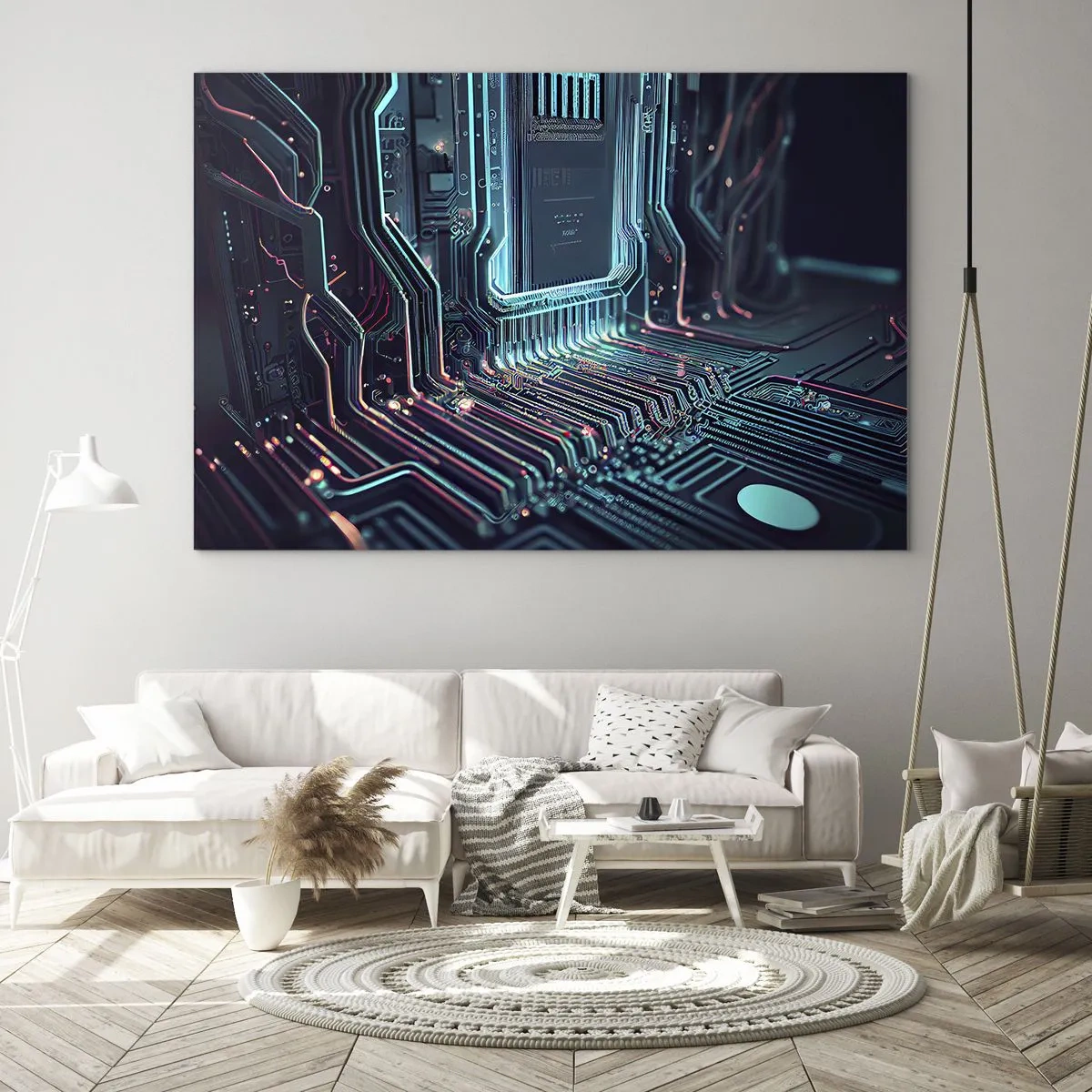 Quadro su vetro - Visualizzazione al neon delle tracce del processore su uno sfondo nero - 100x70cm - Sto pensando qualcosa... - Decorazione murale moderna per soggiorno e camera da letto ARTTOR