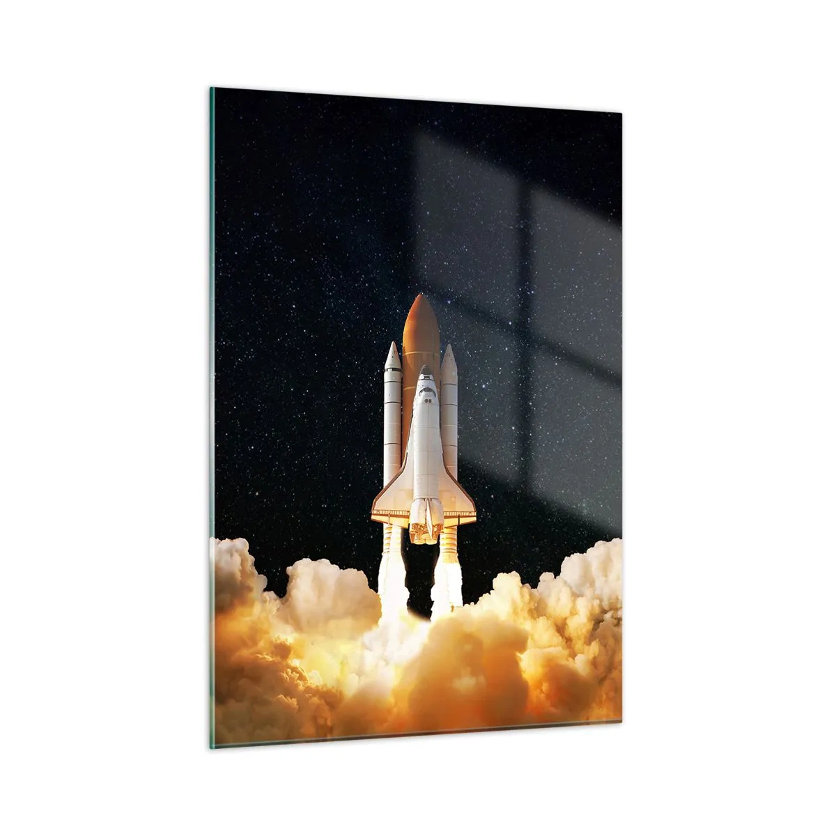 Quadro su vetro - Uno space shuttle in decollo contro un cielo stellato - 50x70cm - Ad astra! - Decorazione murale moderna per soggiorno e camera da letto ARTTOR
