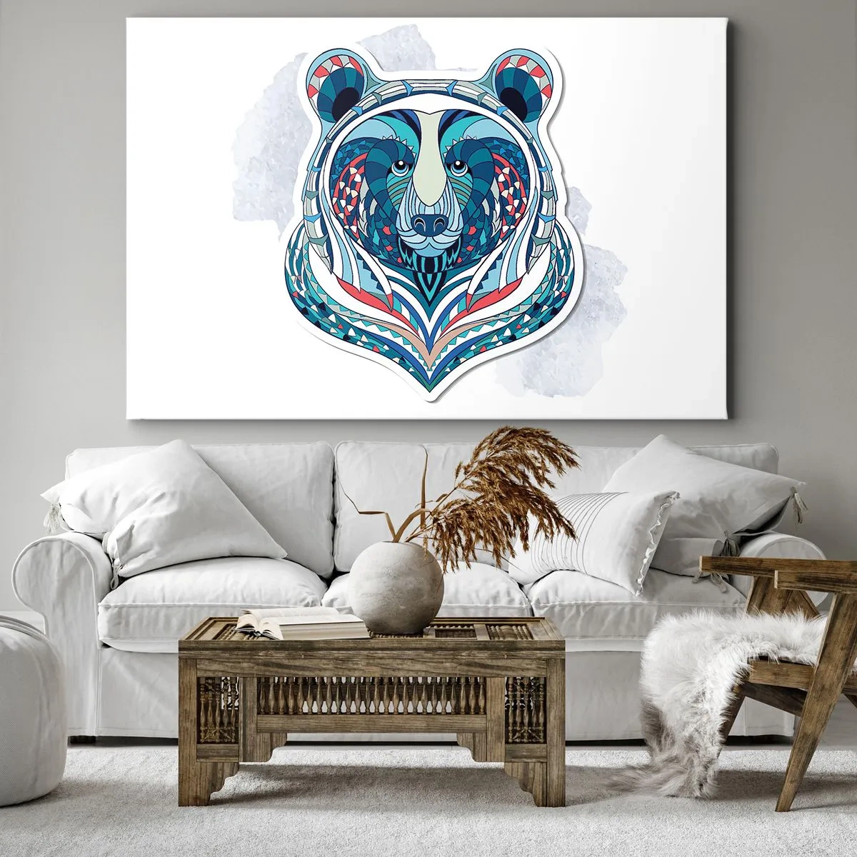 Quadro su tela - Stampe su Tela - Orso geometrico nei toni del blu e del rosso - 120x80cm - Evviva la Groenlandia! - Decorazione murale moderna per soggiorno e camera da letto ARTTOR