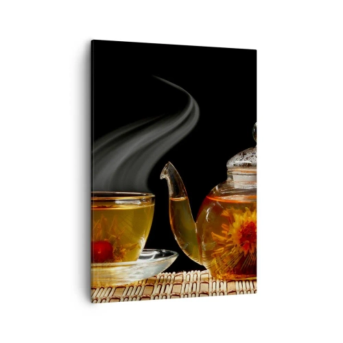 Quadro su tela - Stampe su Tela - Teiera di vetro con tè ai fiori e una tazza - 50x70cm - La magia e l'arte del tè - Decorazione murale moderna per soggiorno e camera da letto ARTTOR