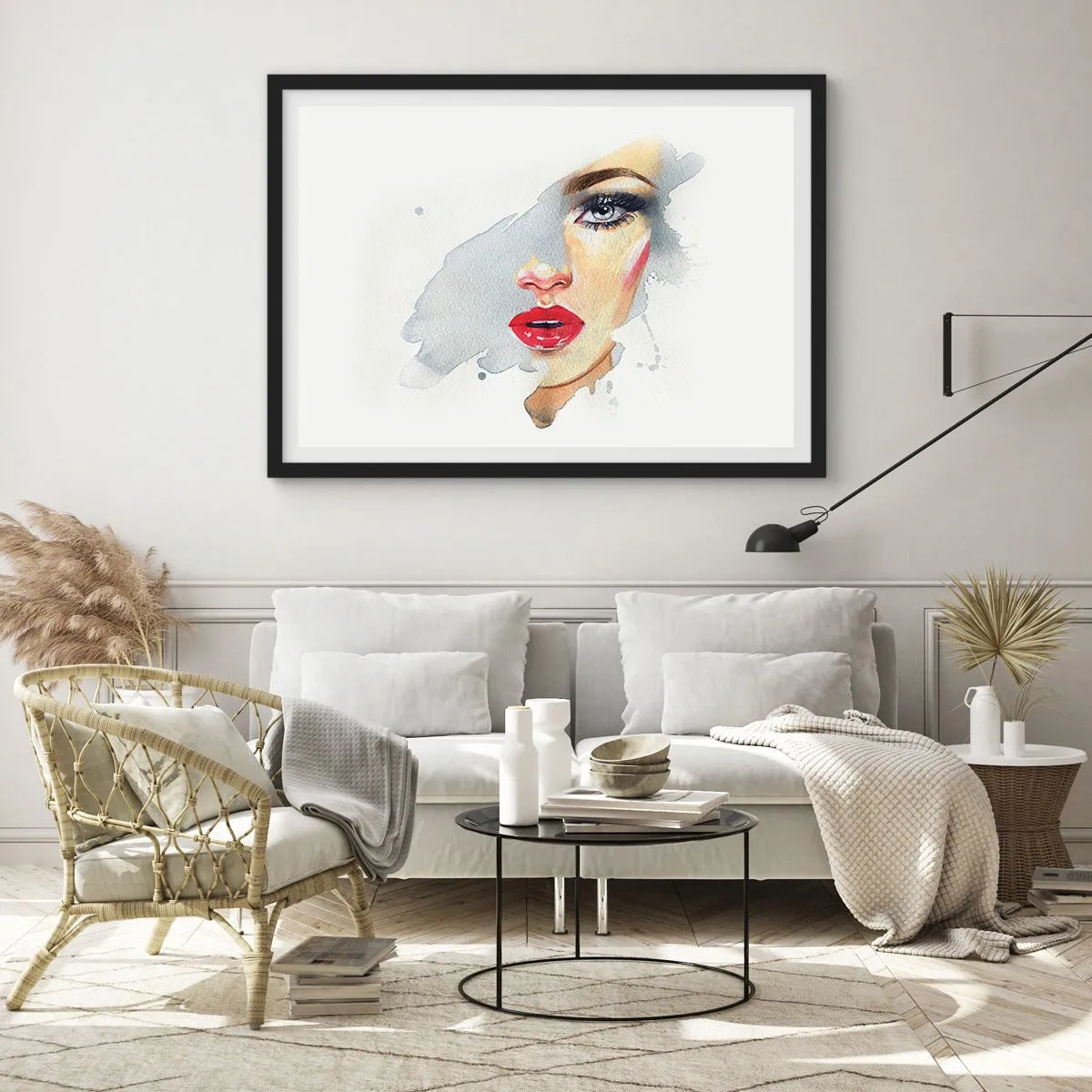 Poster in cornice nera - Ritratto ad acquerello di una donna dallo sguardo intenso. - 100x70cm - Riflesso in una goccia d'acqua - Decorazione murale moderna per soggiorno e camera da letto ARTTOR