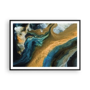 Poster in cornice nera - Onde astratte nei toni dell'oro e del blu - 100x70cm - Blu-oro: influenza reciproca - Decorazione murale moderna per soggiorno e camera da letto ARTTOR