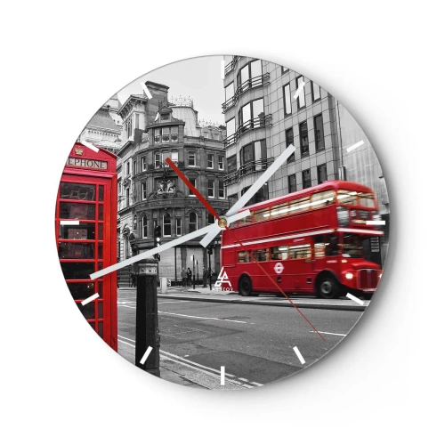 Orologio da parete - Orologio in Vetro - Un autobus rosso e una cabina telefonica sullo sfondo delle strade di Londra. - 30x30cm - Il più rosso d'Europa - Decorazione murale moderna per soggiorno, cucina e camera da letto ARTTOR