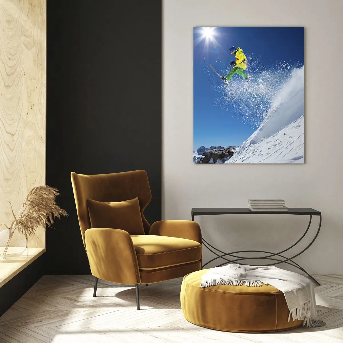Quadro su vetro - Sciatore in aria con le montagne sullo sfondo - 80x120cm - Ballando con i monti - Decorazione murale moderna per soggiorno e camera da letto ARTTOR