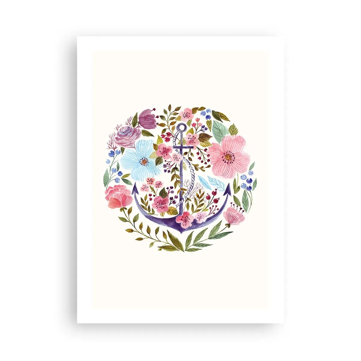 Poster - Un'ancora acquerellata circondata da fiori su uno sfondo chiaro. - 50x70cm - Il bel sogno del marinaio - Decorazione murale moderna per soggiorno e camera da letto ARTTOR