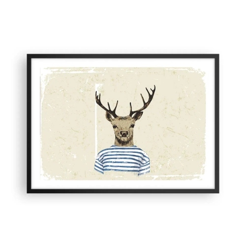 Poster in cornice nera - Un cervo con una camicia a righe su uno sfondo chiaro con una trama delicata - 70x50cm - Mi piacciono le camicie a righe! - Decorazione murale moderna per soggiorno e camera da letto ARTTOR