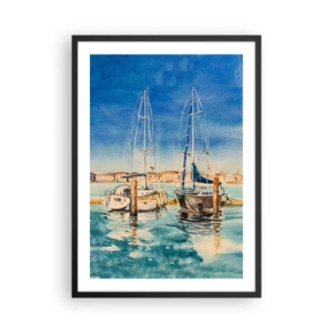 Poster in cornice nera - Illustrazione ad acquerello di barche a vela sullo sfondo di una laguna blu in una giornata di sole. - 50x70cm - La laguna assolata - Decorazione murale moderna per soggiorno e camera da letto ARTTOR