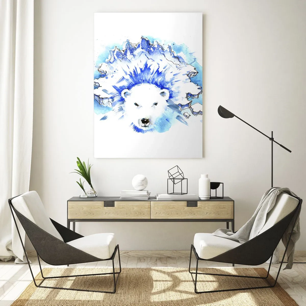 Quadro su vetro - Dipinto artistico ad acquerello di un orso polare con un motivo ghiacciato - 70x100cm - Il re dell'Artide con la corona di ghiaccio - Decorazione murale moderna per soggiorno e camera da letto ARTTOR