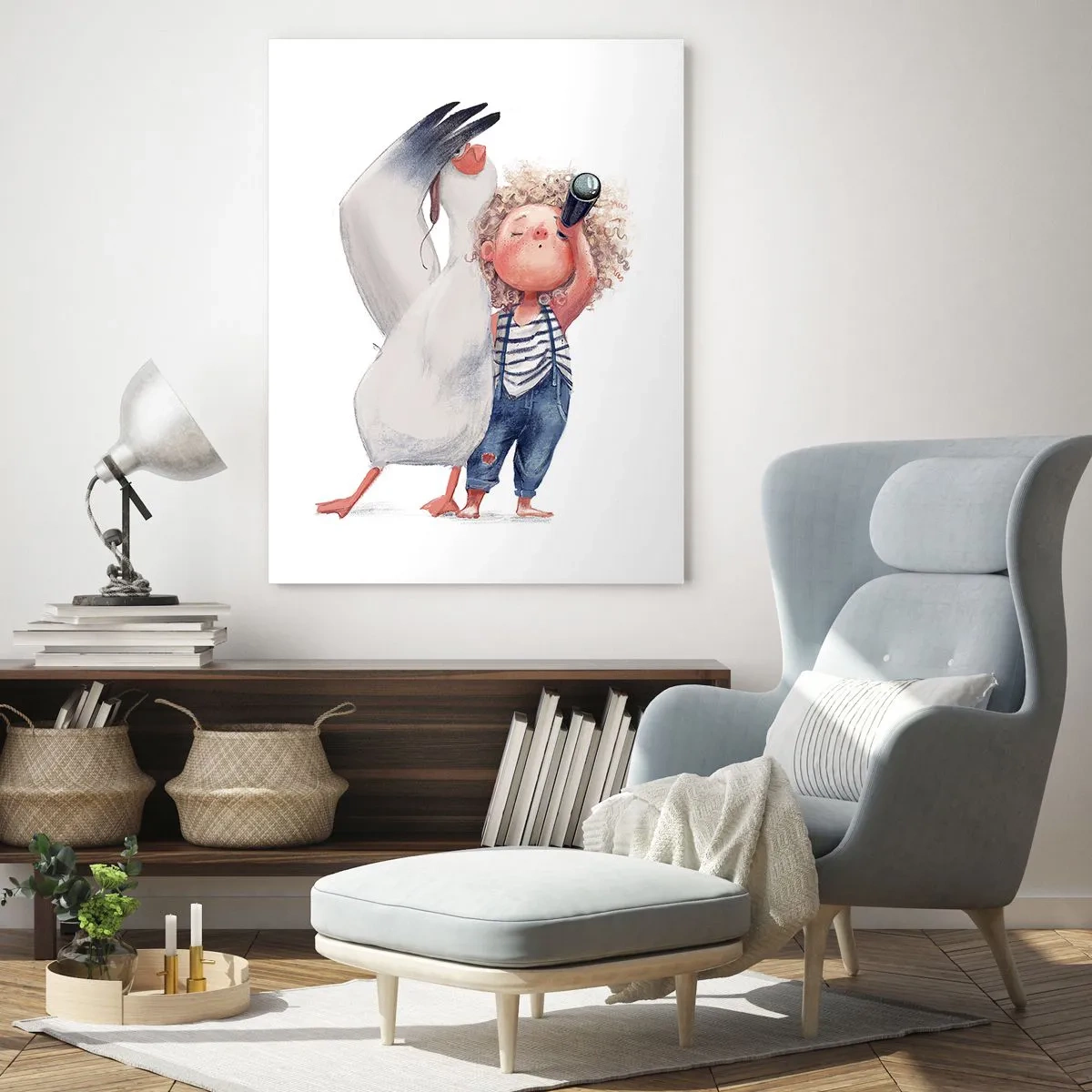Quadro su vetro - Bambino con binocolo e cicogna in uno stile di illustrazione divertente - 50x70cm - Il progetto di un grande viaggio - Decorazione murale moderna per soggiorno e camera da letto ARTTOR