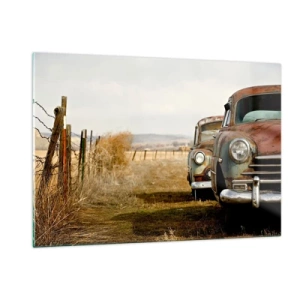 Quadro su vetro - Auto d'epoca su una strada di campagna - 120x80cm - Meritato riposo - Decorazione murale moderna per soggiorno e camera da letto ARTTOR