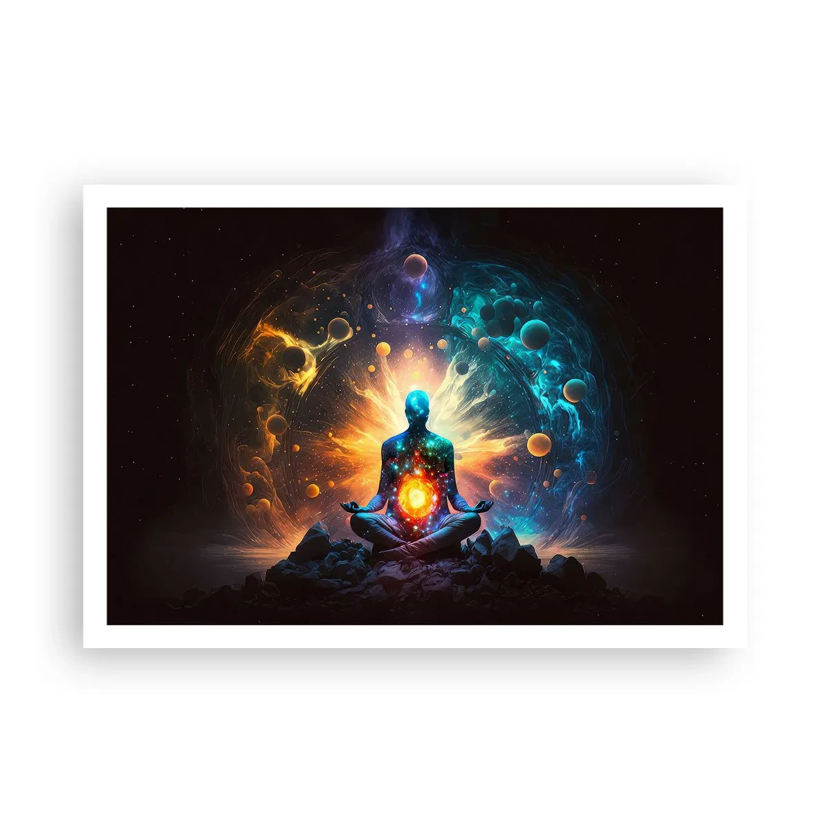 Poster - Una figura in meditazione circondata da un'aura cosmica - 100x70cm - Pace cosmica - Decorazione murale moderna per soggiorno e camera da letto ARTTOR