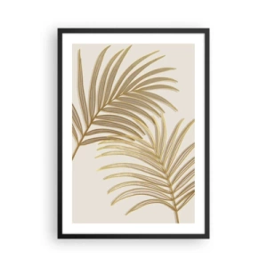 Poster in cornice nera - Foglie di palma dorate in stile minimalista su uno sfondo chiaro - 50x70cm - Palma d'oro! - Decorazione murale moderna per soggiorno e camera da letto ARTTOR