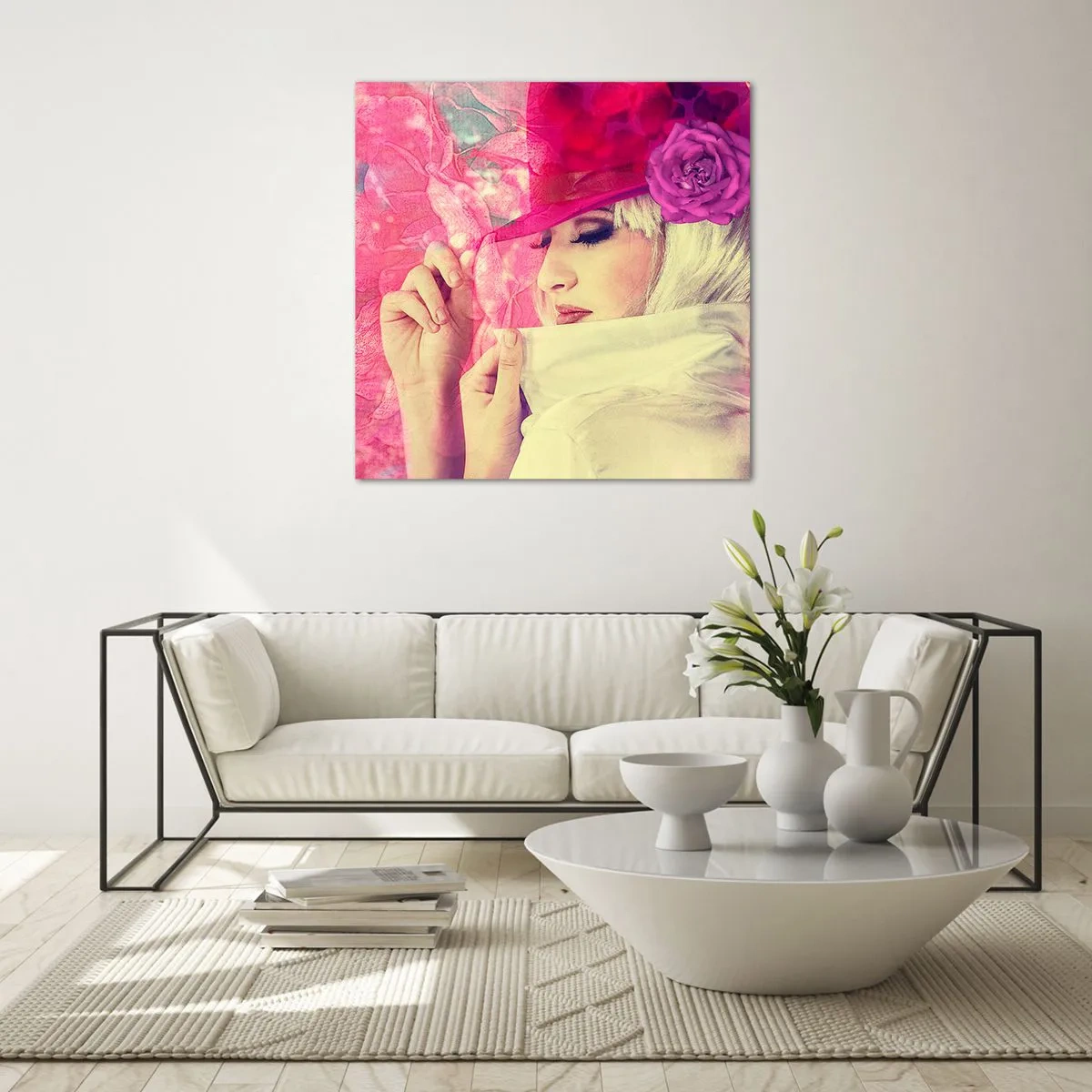 Quadro su vetro - Ritratto retro nei vapori di rosa - 60x60 cm