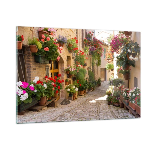 Quadro su vetro - Una pittoresca strada con fiori in vaso - 120x80cm - Un'esplosione di fiori - Decorazione murale moderna per soggiorno e camera da letto ARTTOR