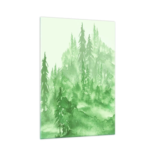 Quadro su vetro - Foresta verde in stile acquerello su sfondo chiaro - 70x100cm - Sfocato da una nebbia verde - Decorazione murale moderna per soggiorno e camera da letto ARTTOR