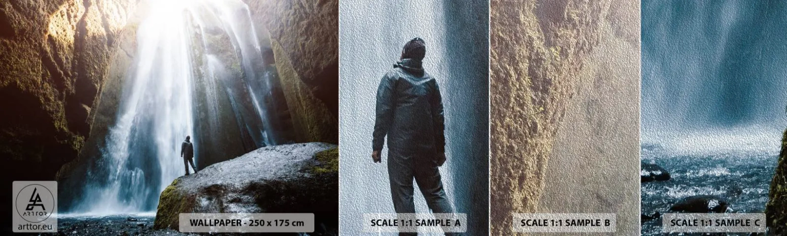 Campione di Fotomurale Premium Sand - Ripristino delle proporzioni - Cascata, Rocce, Grotta - 100x30 cm