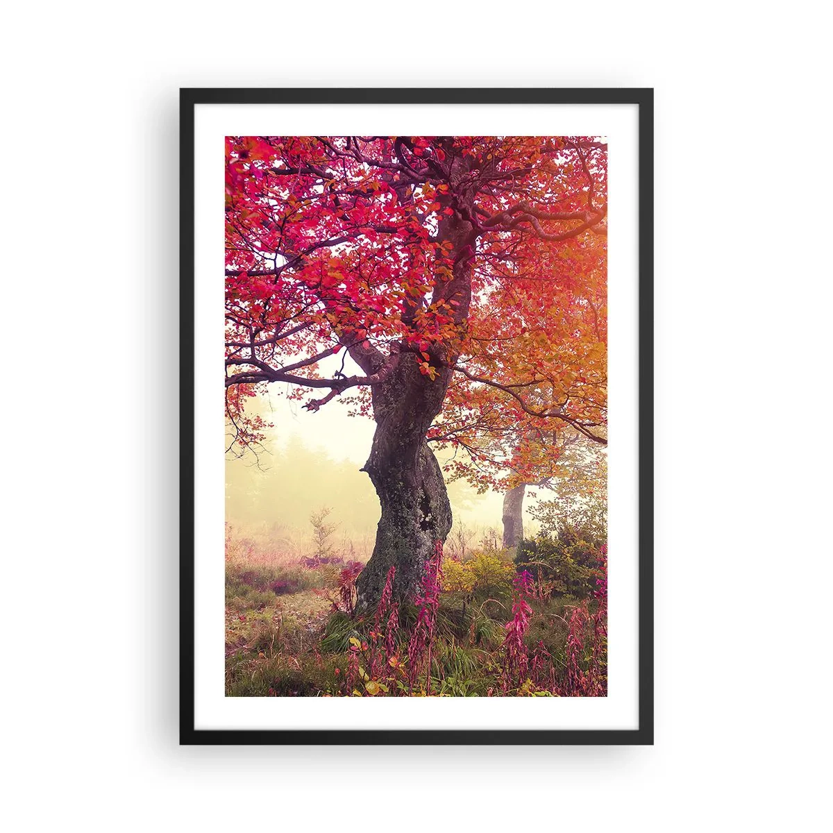Poster in cornice nera - Un albero con foglie rosse in un paesaggio autunnale - 50x70cm - L'esplosione della fioritura - Decorazione murale moderna per soggiorno e camera da letto ARTTOR