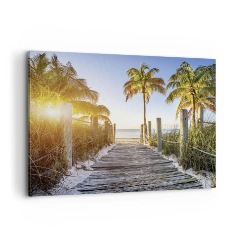 Quadro su tela - Stampe su Tela - Sentiero in legno sulla spiaggia con palme sullo sfondo - 100x70cm - Dritto in paradiso - Decorazione murale moderna per soggiorno e camera da letto ARTTOR