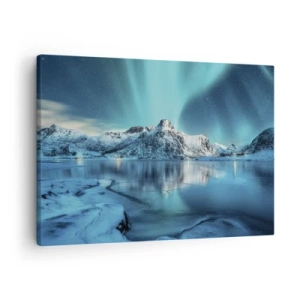 Quadro su tela - Stampe su Tela - Aurora boreale su montagne innevate e un lago - 70x50cm - Notte di luce - Decorazione murale moderna per soggiorno e camera da letto ARTTOR