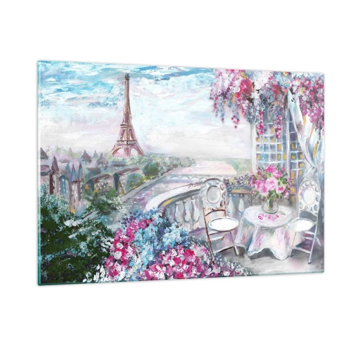 Quadro su vetro - Illustrazione di una vista della Torre Eiffel con un balcone pieno di fiori - 120x80cm - Bellissimo qui a maggio - Decorazione murale moderna per soggiorno e camera da letto ARTTOR