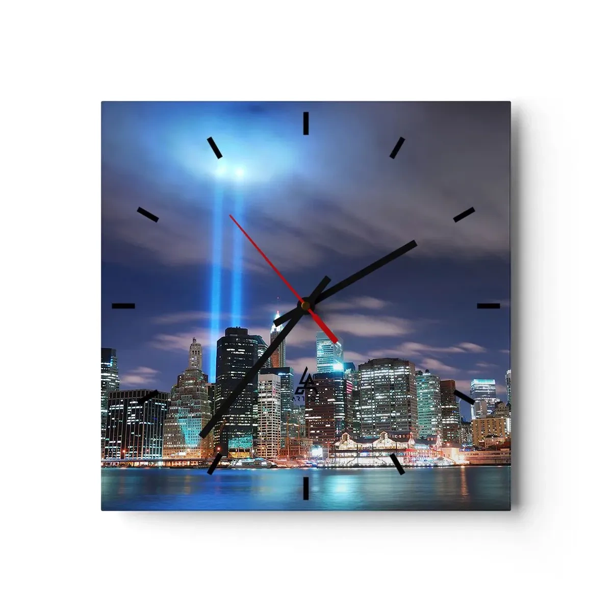 Orologio da parete - Orologio in Vetro - Panorama notturno della città con due fasci di luce luminosi nel cielo - 30x30cm - Toccare il cielo con la luce - Decorazione murale moderna per soggiorno e camera da letto ARTTOR