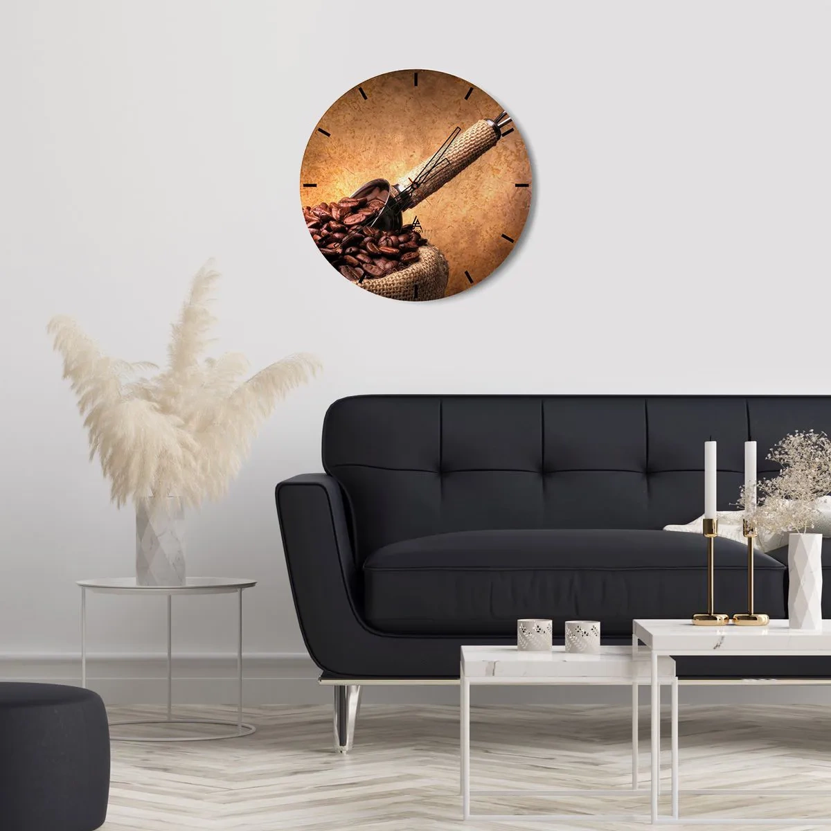 Orologio da parete - Orologio in Vetro - Chicchi di caffè in un sacchetto con un misurino su uno sfondo marrone - 30x30cm - Alla fonte del gusto - Decorazione murale moderna per soggiorno, cucina e camera da letto ARTTOR