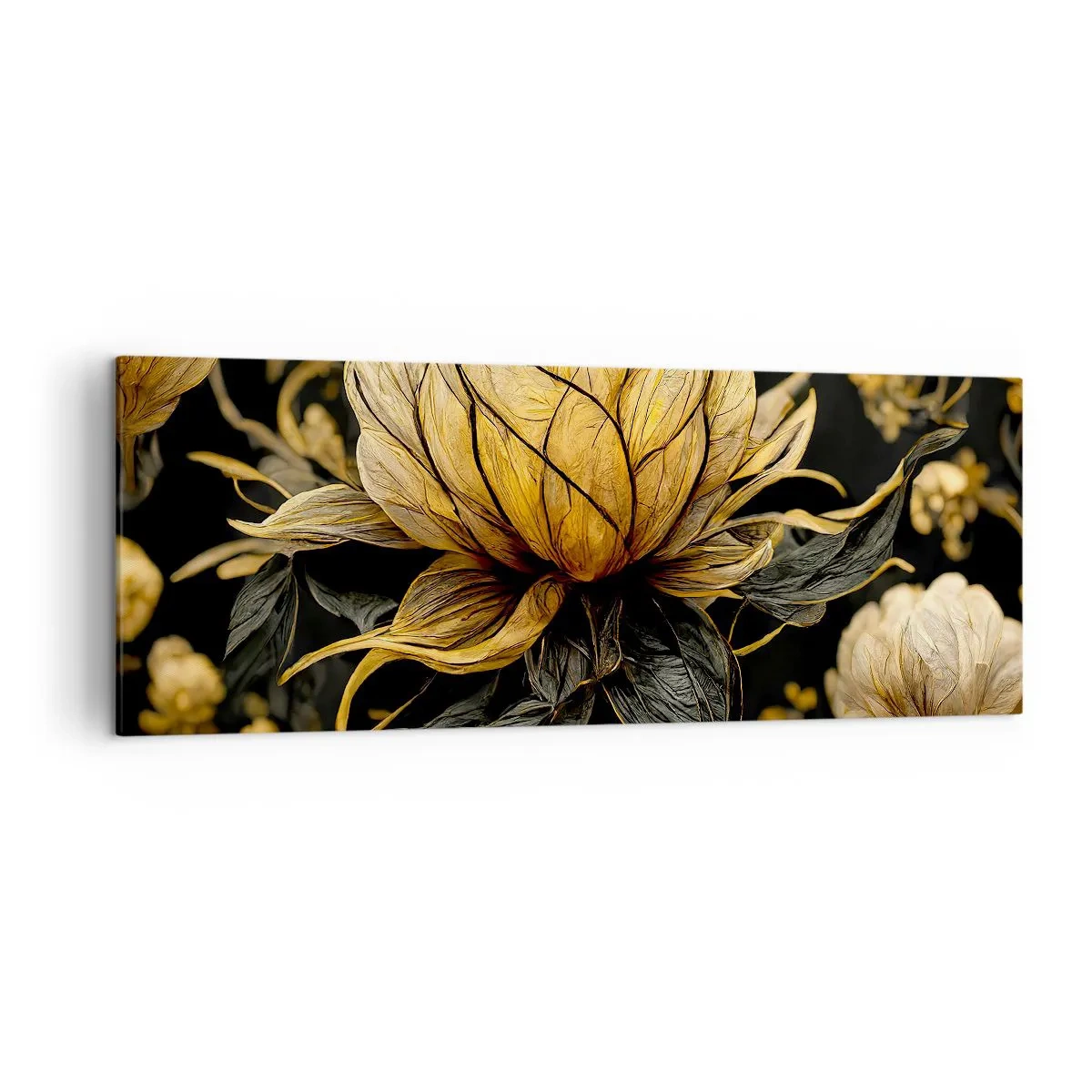 Quadro su tela - Stampe su Tela - Fiore dorato su sfondo scuro - 140x50cm - Delicata fragilità - Decorazione murale moderna per soggiorno e camera da letto ARTTOR