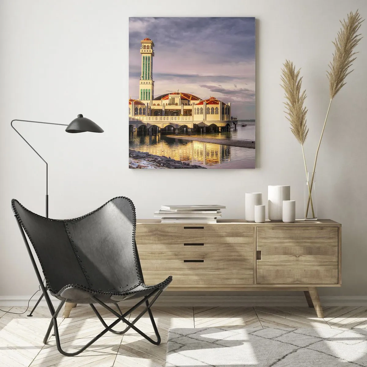 Quadro su vetro - Moschea sull'acqua in una luce pittoresca - 50x70cm - Il tempio della natura - Decorazione murale moderna per soggiorno e camera da letto ARTTOR