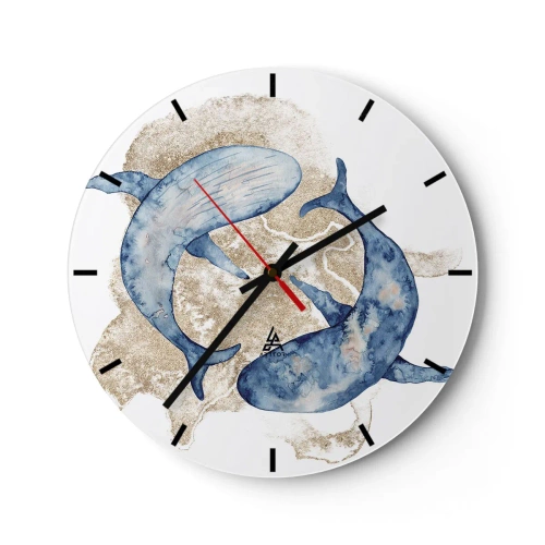 Orologio da parete - Orologio in Vetro - Balene blu contro la sabbia dorata - 30x30cm - Amicizia o amore? - Decorazione murale moderna per soggiorno, cucina e camera da letto ARTTOR
