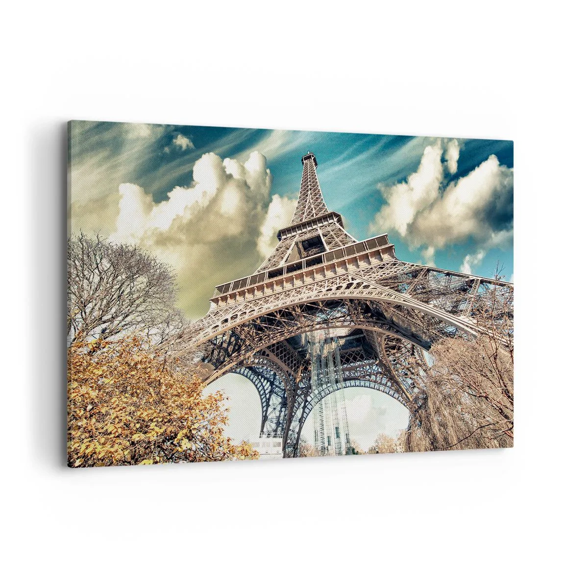 Quadro su tela - Stampe su Tela - La Torre Eiffel dal basso in un ambiente autunnale - 100x70cm - L'autunno a Parigi... - Decorazione murale moderna per soggiorno e camera da letto ARTTOR