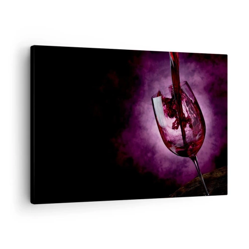 Quadro su tela - Stampe su Tela - Vino rosso versato in un bicchiere su uno sfondo di fumo viola - 70x50cm - Scarlatto? Carminio? No, rubino - Decorazione murale moderna per soggiorno e camera da letto ARTTOR