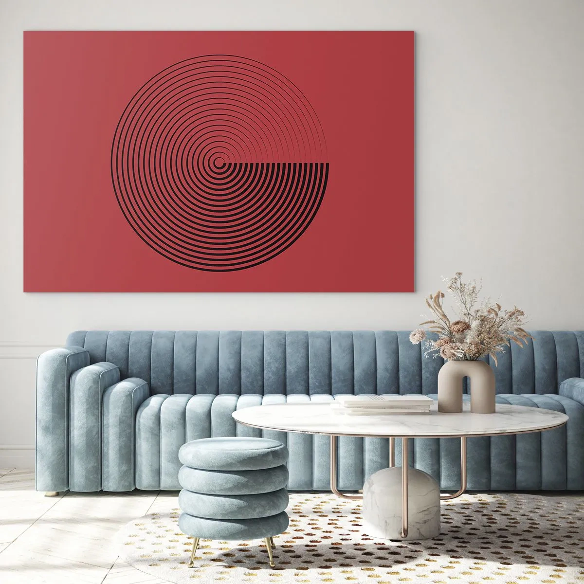 Quadro su vetro - Cerchi concentrici neri su sfondo rosso - 120x80cm - Movimento circolare - Decorazione murale moderna per soggiorno e camera da letto ARTTOR