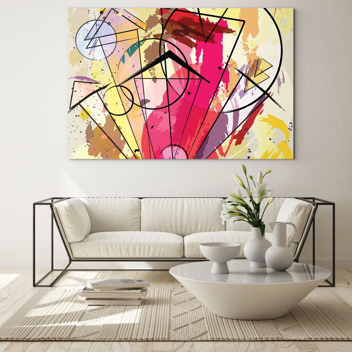 Quadro su vetro - Astrazione colorata con motivi geometrici e linee - 100x70cm - Esplosione - Decorazione murale moderna per soggiorno e camera da letto ARTTOR