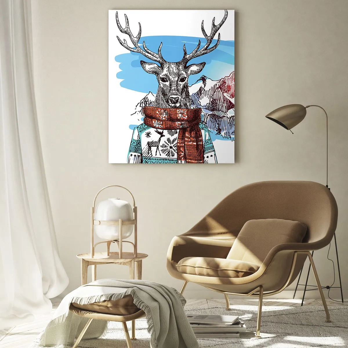 Quadro su vetro - Un cervo con maglione e sciarpa sullo sfondo di un paesaggio montano - 50x70cm - Anche il cervo non ha freddo - Decorazione murale moderna per soggiorno e camera da letto ARTTOR