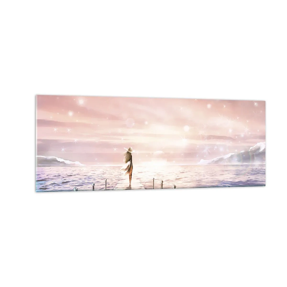 Quadro su vetro - Una donna su un molo in una magica cornice al tramonto - 140x50cm - Alla luce del sogno - Decorazione murale moderna per soggiorno e camera da letto ARTTOR