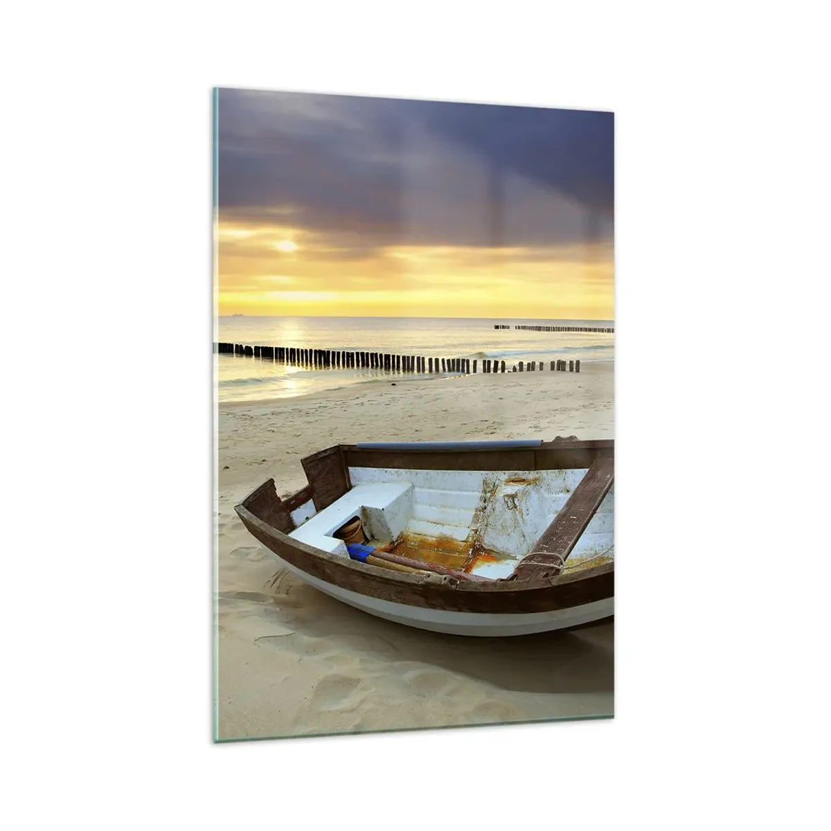 Quadro su vetro - Una barca su una spiaggia sabbiosa al tramonto - 80x120cm - Non vi sono spiagge più belle - Decorazione murale moderna per soggiorno e camera da letto ARTTOR