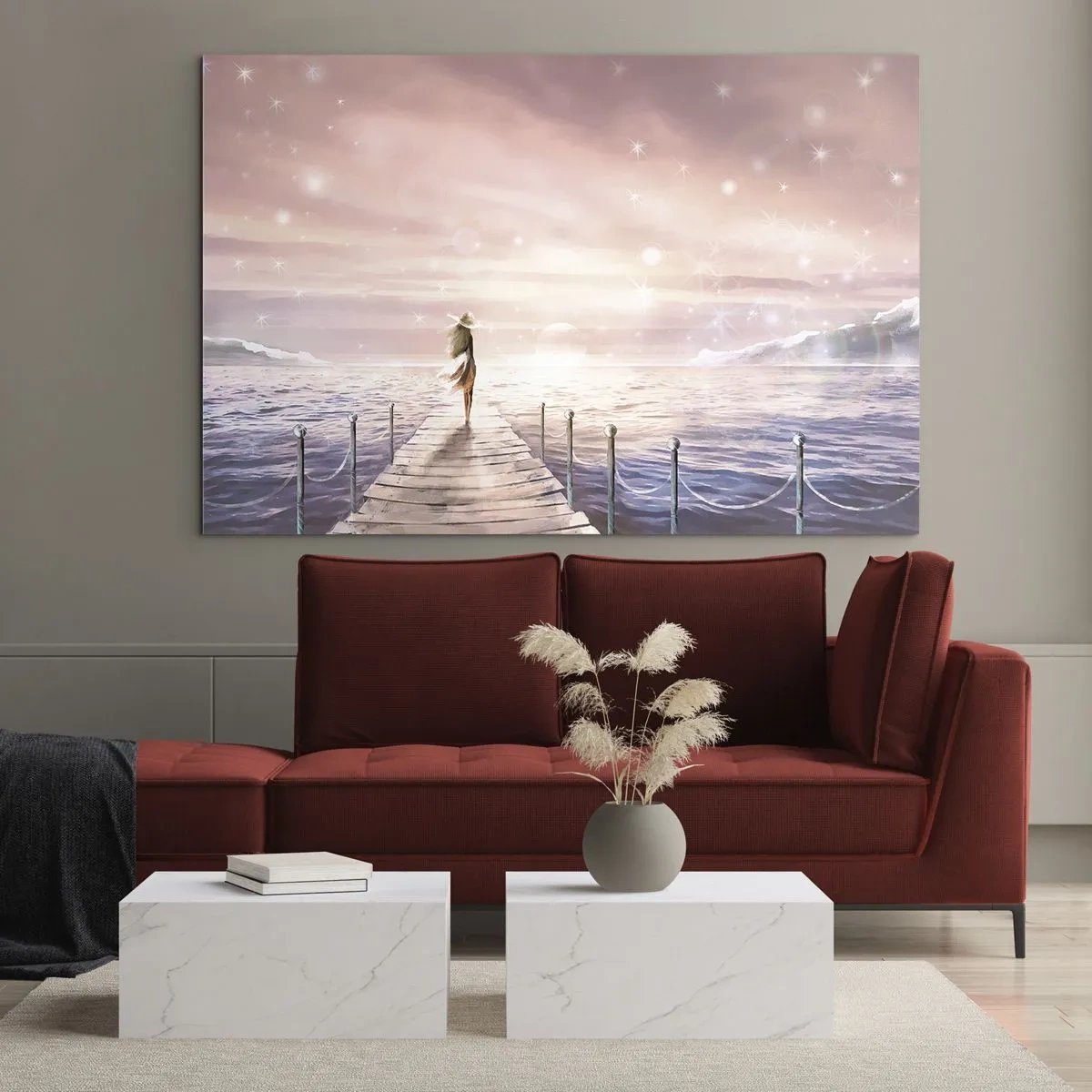 Quadro su vetro - Donna sul molo al tramonto - 70x50cm - Alla luce del sogno - Decorazione murale moderna per soggiorno e camera da letto ARTTOR