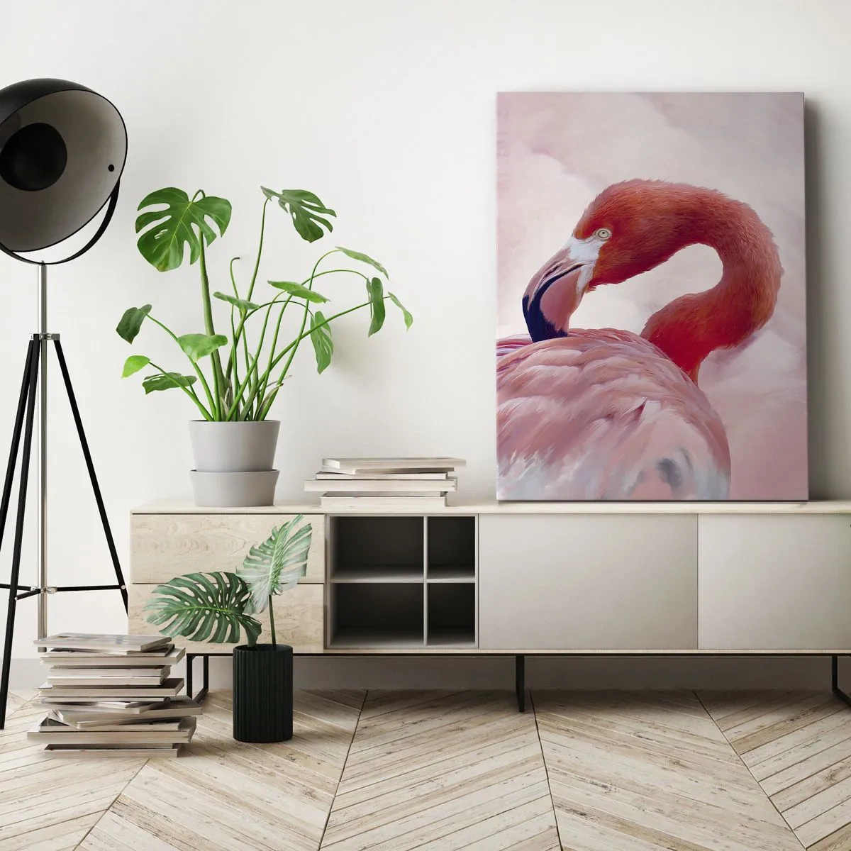 Quadro su tela - Stampe su Tela - Un fenicottero nei toni del rosa su uno sfondo chiaro - 50x70cm - Bellezza alata - Decorazione murale moderna per soggiorno e camera da letto ARTTOR