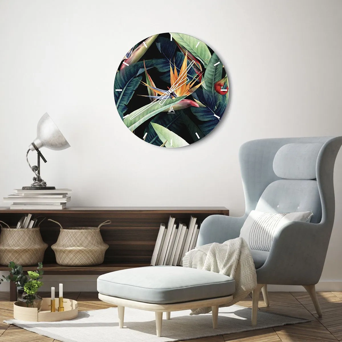 Orologio da parete - Orologio in Vetro - Foglie e fiori esotici su sfondo scuro - 30x30cm - I fiori fiammeggianti dei tropici - Decorazione murale moderna per soggiorno, cucina e camera da letto ARTTOR