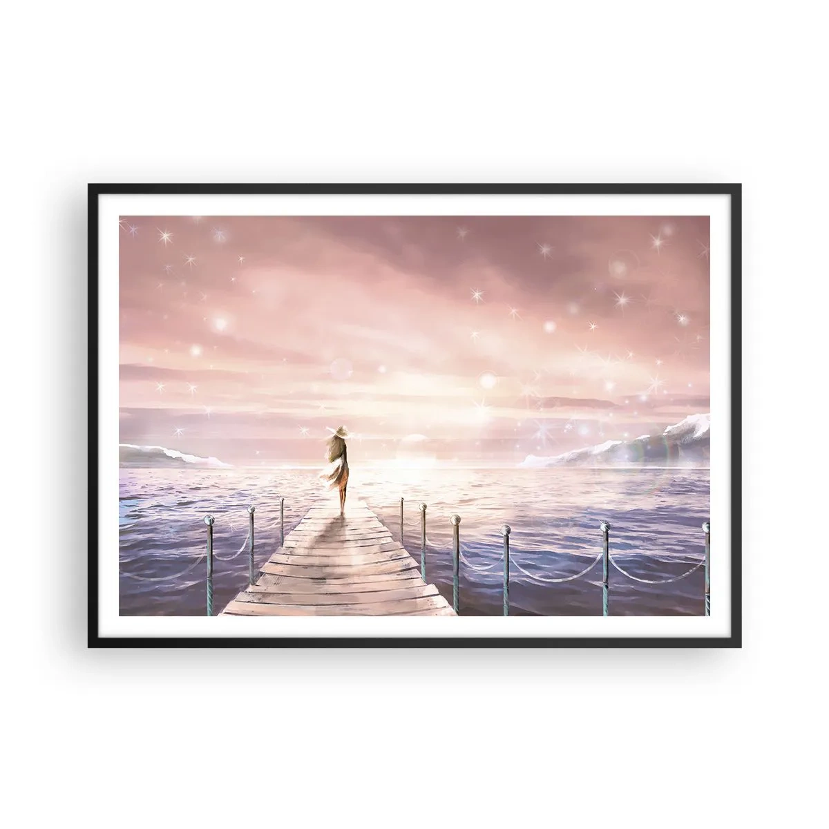Poster in cornice nera - Una donna su un molo in una magica cornice al tramonto - 100x70cm - Alla luce del sogno - Decorazione murale moderna per soggiorno e camera da letto ARTTOR