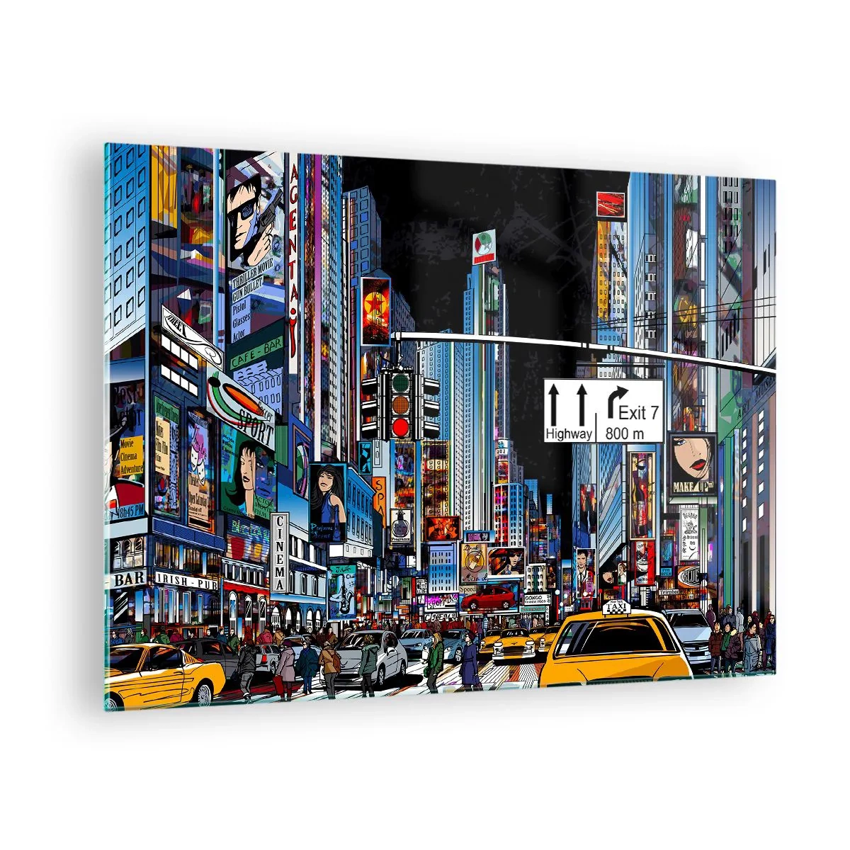 Quadro su vetro - Una strada trafficata con taxi gialli e insegne al neon - 70x50cm - La grande notte dei fumetti - Decorazione murale moderna per soggiorno e camera da letto ARTTOR