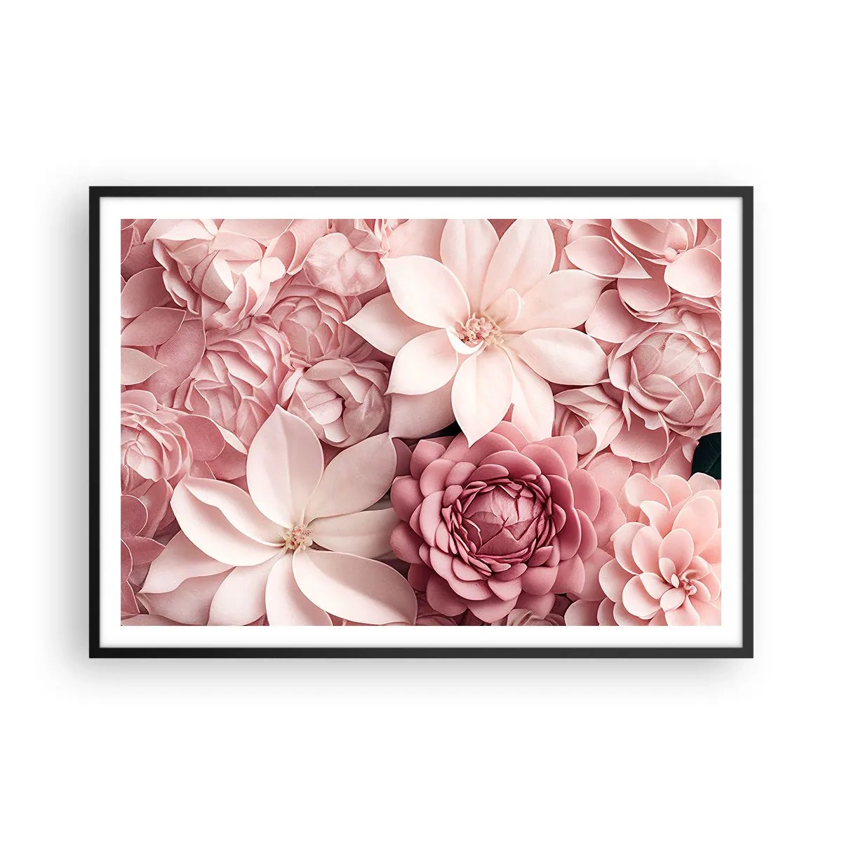 Poster in cornice nera - Fiori nelle tonalità del rosa e del bianco in un approccio artistico - 100x70cm - Nei petali di rosa - Decorazione murale moderna per soggiorno e camera da letto ARTTOR