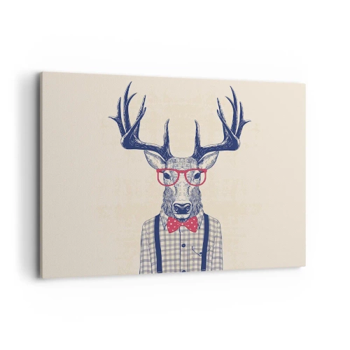 Quadro su tela - Stampe su Tela - Grafica stilizzata di un cervo con occhiali e papillon - 100x70cm - Divertente stravaganza - Decorazione murale moderna per soggiorno e camera da letto ARTTOR