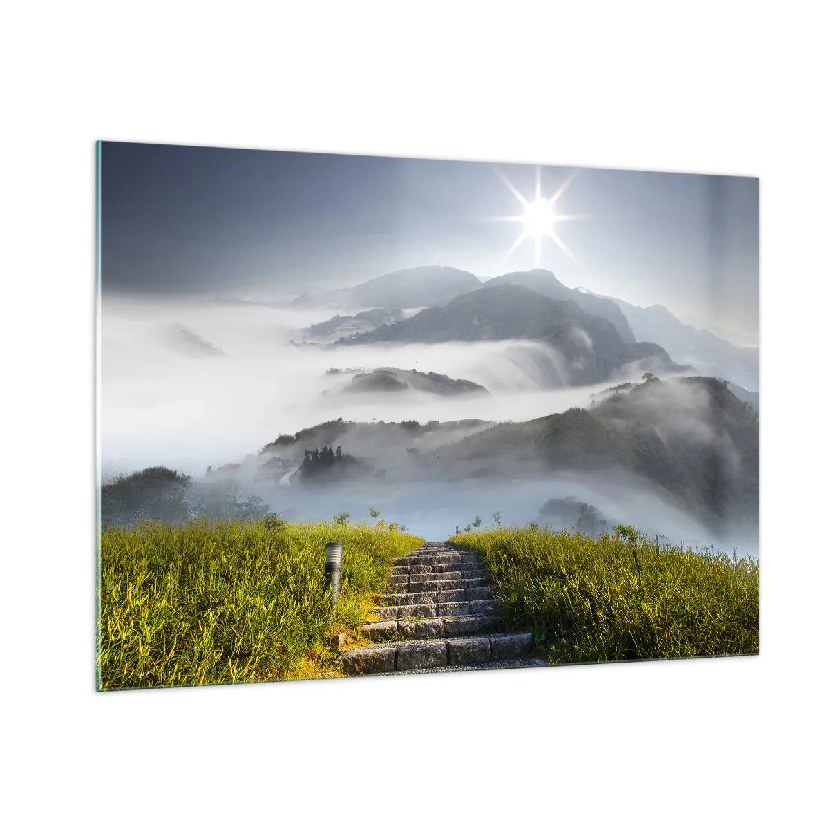 Quadro su vetro - Paesaggio montano con nebbia e scale che portano alla cima - 100x70cm - Sempre in alto verso le nuvole - Decorazione murale moderna per soggiorno e camera da letto ARTTOR