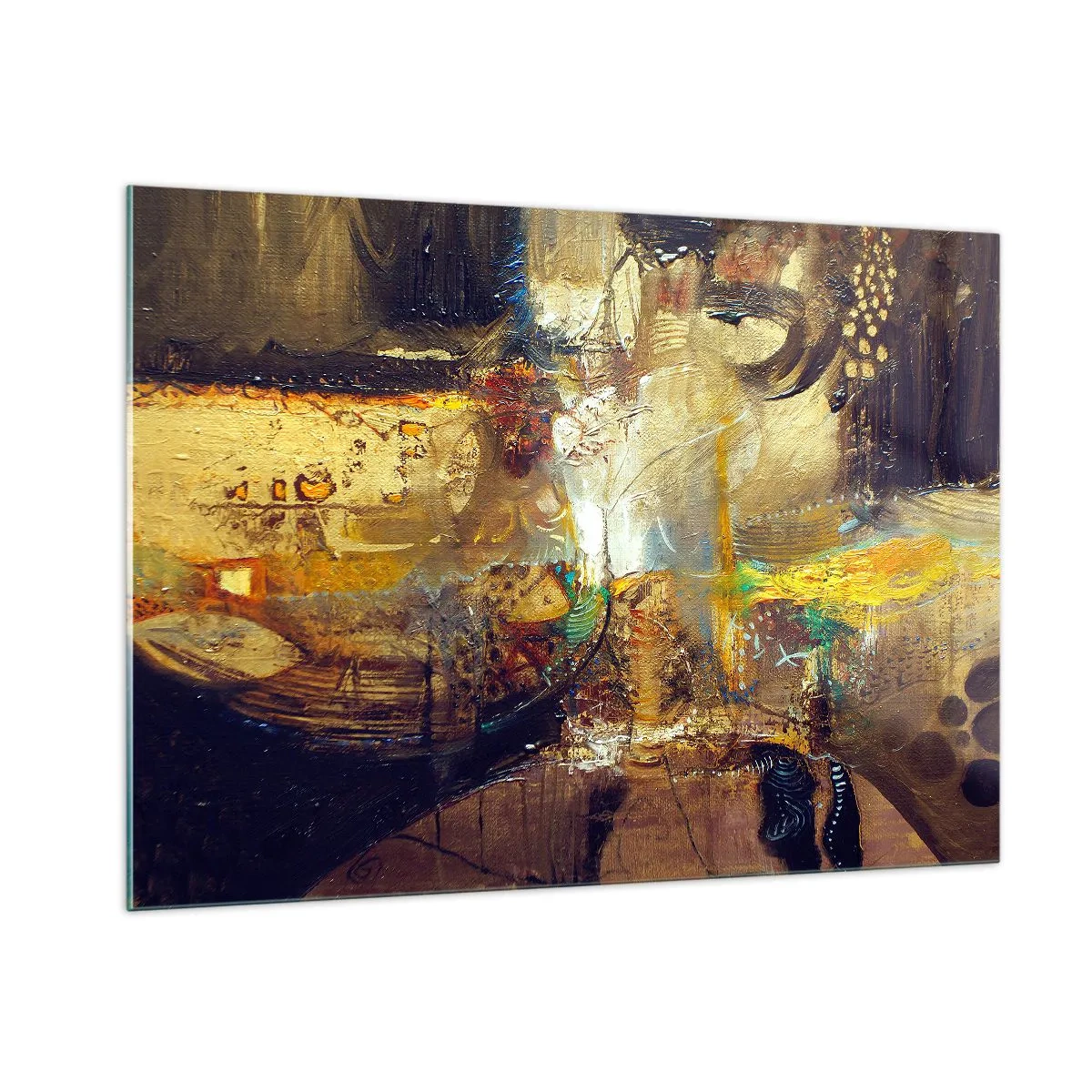 Quadro su vetro - Composizione astratta nei toni dell'oro e del marrone - 100x70cm - Freddo, più caldo, bollente - Decorazione murale moderna per soggiorno e camera da letto ARTTOR