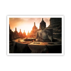 Poster - Statua del Buddha al tempio di Borobudur al tramonto - 100x70cm - La pagoda della grande saggezza - Decorazione murale moderna per soggiorno e camera da letto ARTTOR
