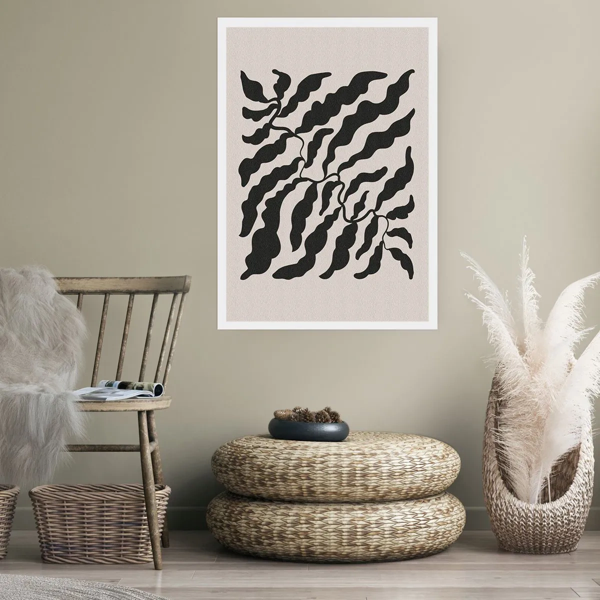 Poster - Composizione vegetale astratta in nero su sfondo beige - 50x70cm - La natura del quadrato - Decorazione murale moderna per soggiorno e camera da letto ARTTOR