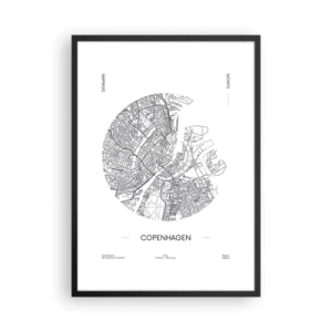 Poster in cornice nera - Una mappa minimalista di Copenaghen in bianco e nero. - 50x70cm - Anatomia di Copenaghen - Decorazione murale moderna per soggiorno e camera da letto ARTTOR