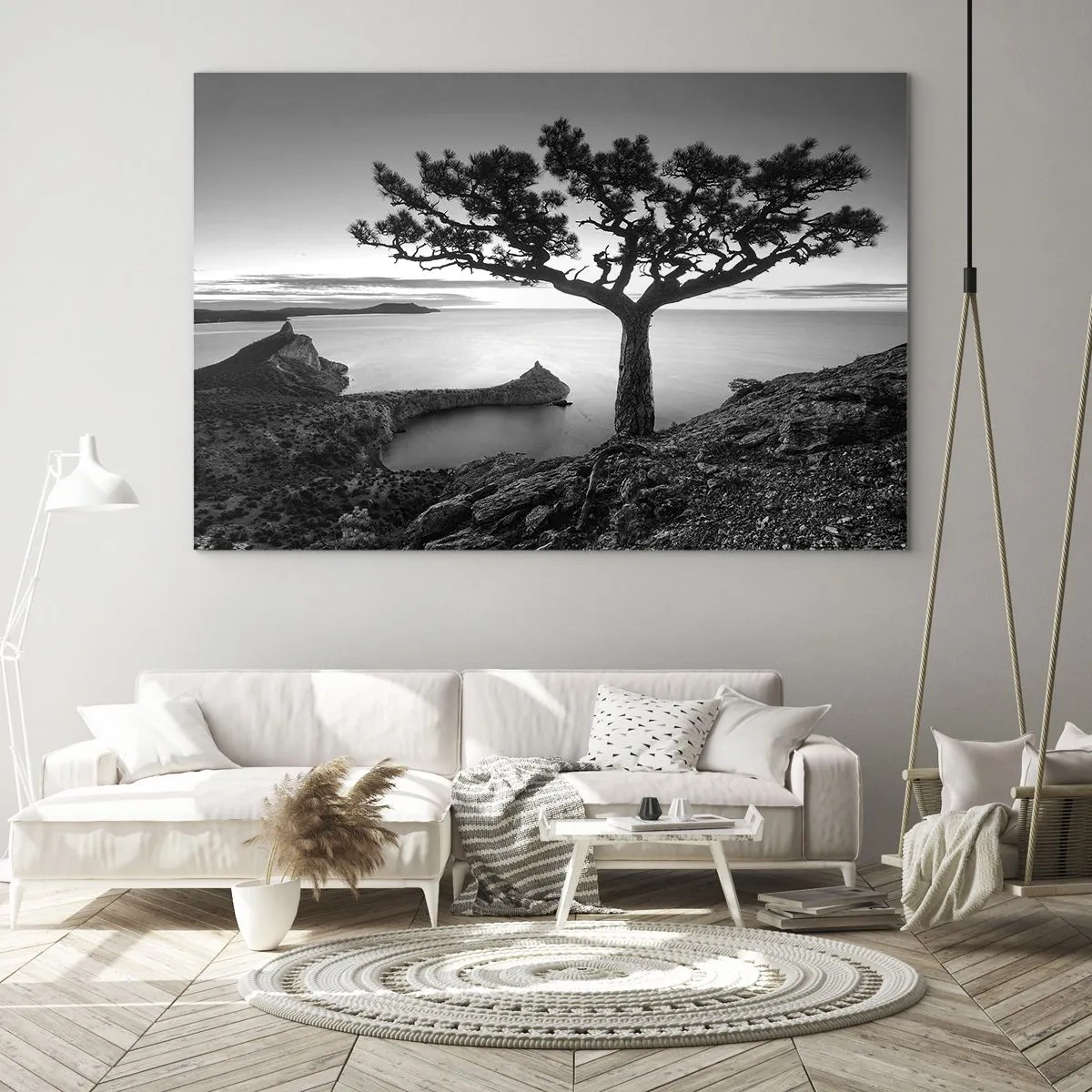 Quadro su vetro - Un albero su una scogliera che domina la baia - 120x80cm - Pace fino all'orizzonte - Decorazione murale moderna per soggiorno e camera da letto ARTTOR